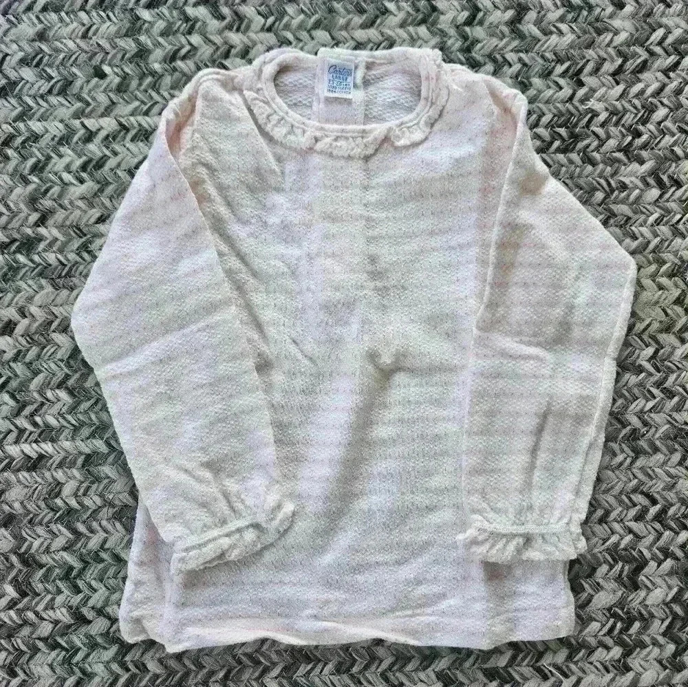 Carter's Vintage Long Sleeve Cotton Shirt Pink White Stripe Ruffle Neck‎ Sleeve